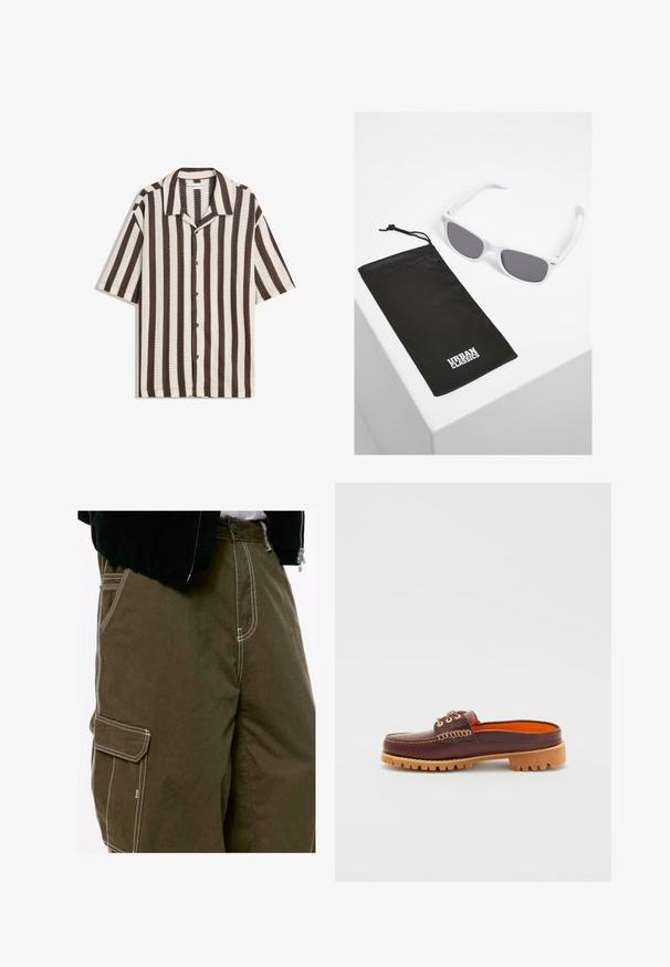 Košela s krátkym rukávom, s hnedými a béžovými vertikálnymi pruhmi a širším golierom, rozložená na bielom pozadí.; Detailný záber na tmavozelené cargo nohavice so svetlým kontrastným stehom a bočným vreckom so klopou, nosené s čiernou bundou a bielou košeľou.; Hnedá kožená slip-on obuv s zaobleným špičkou, textúrovaným šitím, zlatými očkami a svetlohnedou, drsnou podrážkou. Interiér má jasne oranžovú farbu.; Biele plastové slnečné okuliare so sivými sklami vedľa čierneho textilného puzdra s bielym logom "URBAN CLASSICS" v tučnom písmene.