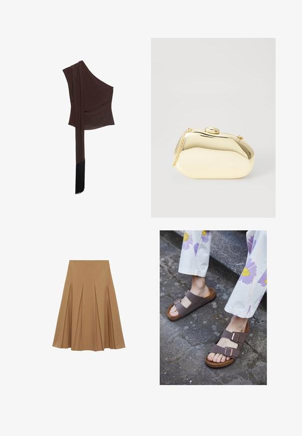 Ruskea epäsymmetrinen toppi sileästä kankaasta, yhdessä olkaimessa, roikkuva pitkä hiha ja fringed-häntäyksityiskohta.; Plystrikket skjørt i lysebrunt stoff, med en utsvingt silhuett og en linning, designet for en løs passform og bevegelsesfrihet.; Ruskeat litteät sandaletit, joissa on kaksi leveää hihnaa ja metalliset soljet; korkkipohja; teksturoitu pohja; yhdistetty vaaleansävyisiin kukkakuosisiiin housuihin.; Metallinen kultainen clutch, jossa on sileä ja pyöreä muoto. Sen yläosassa on nappilukko ja pieni ketjuhihna kuljettamista varten.