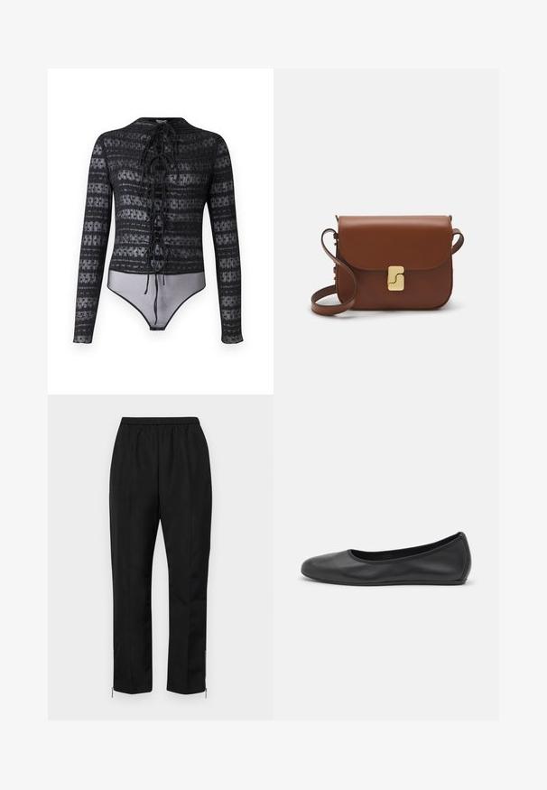 Hofmann Copenhagen EXCLUSIVE MIRELLA - Camicetta - black; Pantaloni neri con elasticità in vita, gambe dritte e cerniere alla caviglia. Il tessuto ha una texture liscia e un design minimale.; Pantofole da balletto nere in pelle con punta arrotondata, texture liscia, dettagli di cucitura minimi e design con suola flessibile.; Borsa a tracolla in pelle marrone con chiusura a pattina, hardware color oro, tracolla e una finitura liscia. Forma rettangolare compatta.
