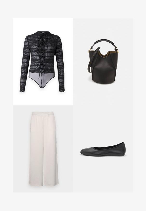 Hofmann Copenhagen EXCLUSIVE MIRELLA - Blouse - black; Pantalons amples beige clair avec une taille élastique. Tissu lisse, longueur pleine, sans embellissements ni motifs visibles.; Ballerines en cuir noir avec un bout rond, texture lisse, détails de couture minimalistes et design de semelle flexible.; Sac seau en cuir noir avec une finition texturée, accents en matériel doré et une ouverture en haut. Il dispose d'une courte poignée et d'une sangle d'épaule réglable.