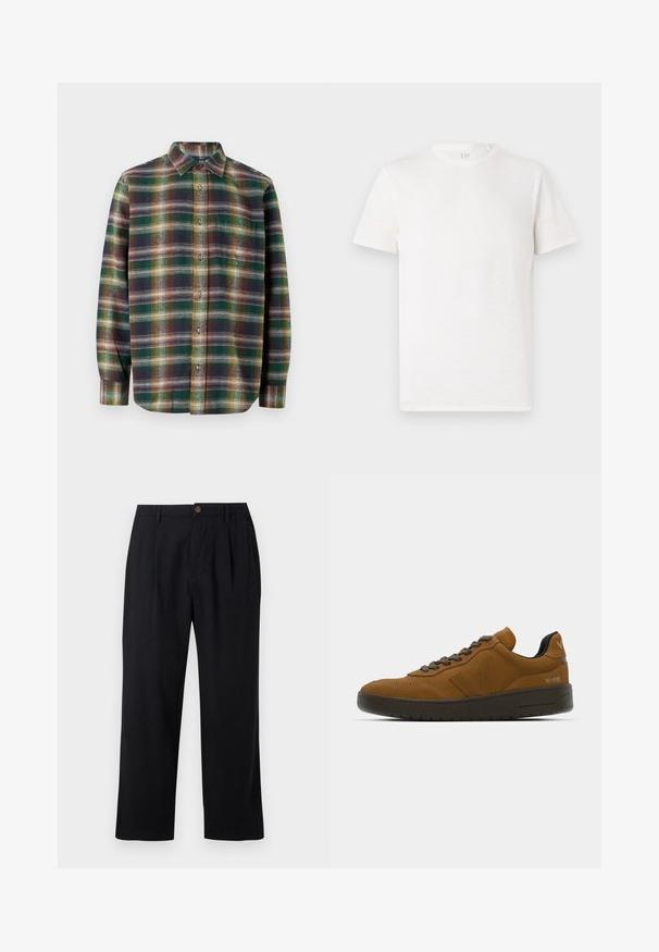 Košeľa s dlhým rukávom v károvanom vzore so zelenými, námorníckymi a oranžovými tónmi, s gombíkmi vpredu, rozšíreným golierom a mäkkou, textúrovanou látkou.; Tričko s krátkym rukávom a okrúhlym výstrihom v slonovinovej farbe, vyrobené z mäkkej bavlnenej zmesi s jemne textúrovaným povrchom a bez viditeľných vzorov či akcentov.; Čierne nohavice z ľahkého materiálu s plisovaným predkom, rovnými nohavicami a jedným hnedým gombíkom v páse.; Hnedé semišové tenisky s nízkym profilom, s tmavozelenými šnúrkami, bočným logom a textúrovanou gumovou podrážkou. Ozdobené jemnými perforáciami.
