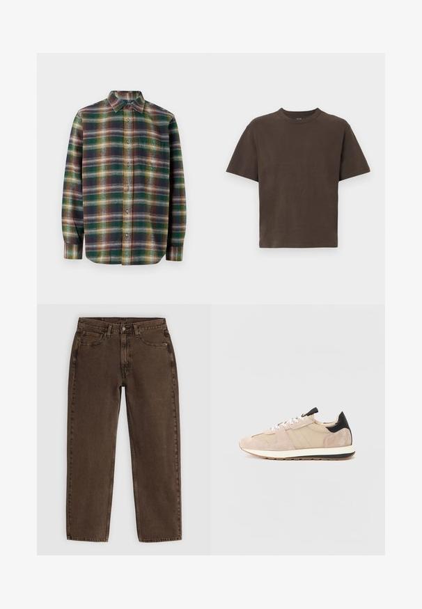 Long-sleeve plaid shirt featuring green, navy, and orange tones, button-up front, spread collar, and soft, textured fabric.; Brown cotton t-shirt with short sleeves and a round neckline. Smooth texture, minimalistic design, no patterns or additional details.; Brown denim jeans with a straight cut, five pockets, front button closure, and minimal stitching detail. Soft texture with a matte finish.; Beige suede sneakers with mesh panels, white laces, and a black heel accent. Thick white sole with a black strip adds contrast.