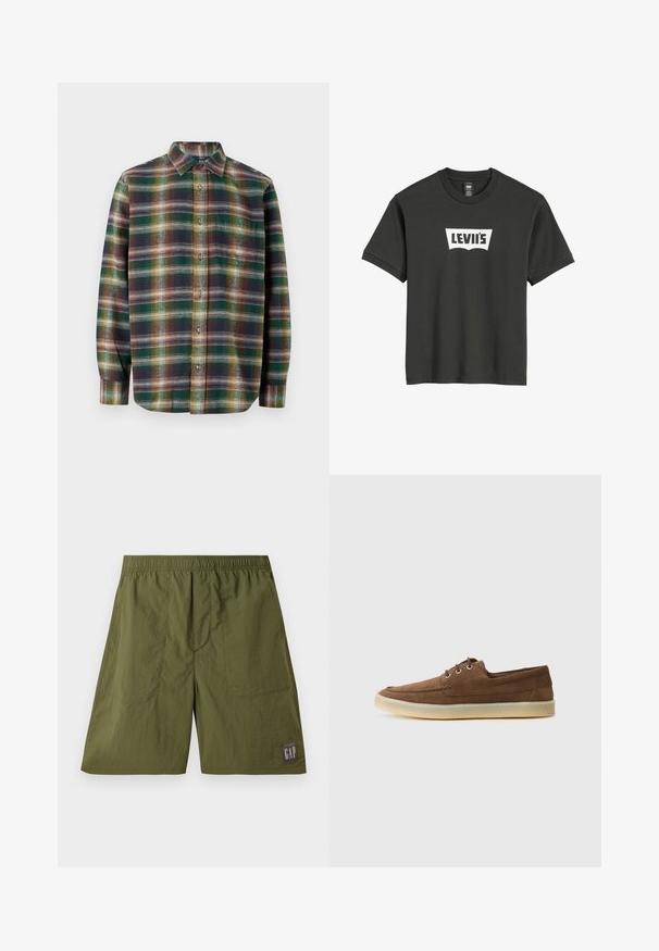 Langärmliges karierter Hemd mit grünen, marineblauen und orangefarbenen Tönen, Knopfleiste, Kentkragen und weichem, strukturiertem Stoff.; Schwarzes Baumwoll-T-Shirt mit einem weißen Levi's-Logo in einem gewölbten, umrissenen Design, das auf der Brust zentriert ist. Kurze Ärmel und Rundhalsausschnitt.; Grüne Nylonshorts mit einem elastischen Bund, zwei Seitentaschen und einem Aufnäher mit "GAP" in Weiß auf einem dunkelgrauen Hintergrund.; Braune Wildlederschuhe mit niedriger Profilhöhe, Schnürdesign, Gummisohle und kontrastierenden Nähdetails. Schlichtes und funktionales Design.