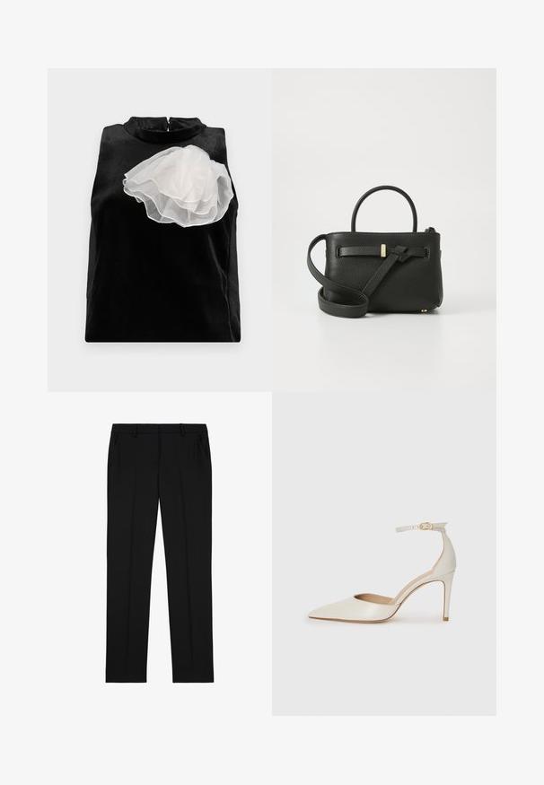 Top negru fara maneci, realizat dintr-un material neted, cu un accent dintr-o floare mare din tul alb pe partea stanga si un decolteu inalt cu inchidere prin fermoar.; Pantaloni negri, croiți pe măsură, cu o textură netedă, având un front plat, două buzunare laterale și un design clasic cu picior drept.; Pantofii înalți din piele albă, cu vârf ascuțit, curea la gleznă și toc subțire de tip stiletto. Textură netedă cu un finisaj subtil lucios.; Geantă de umăr din piele neagră cu un finisaj texturat, mânere superioare și o curea lungă, ajustabilă. Prezentă un accent de metal auriu pe față.