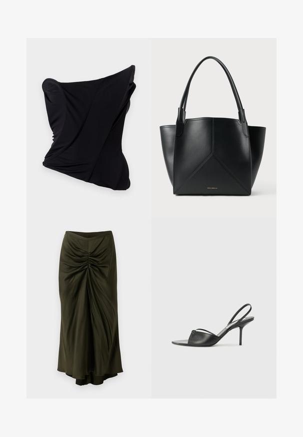 Juodas audinio pagalvė su sukta forma, pasižyminti lygiu paviršiumi ir apvaliais kraštais, sukuriant skulptūrinį siluetą.; Raiščiuotas alyvuogių žalias sijonas, pagamintas iš lygaus, plaukuojančio audinio. Turi aukštą liemenį ir asimetrišką kraštą, suteikiantį papildomą dimensiją.; Juodos odinės slingback aukštakulnės bateliai su smailiu priekiniu galu, plona kulkšnies juostele ir stiletto kulnu. Papuošti mazginio detalė vampyro dalyje.; Juodas odinis nešiojimo krepšys su geometriniu dizainu, turintis dvi rankenas ir auksinį prekės ženklą priekyje. Lygus paviršius ir struktūrizuota forma.