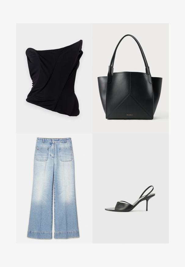 Black fabric pillow with a twisted design, featuring smooth texture and rounded edges, creating a sculptural shape.; Light blue wide-leg jeans made of denim, featuring a faded wash, front and back pockets, and a raw hem at the bottom.; Black leather slingback heels with a pointed toe, thin ankle strap, and stiletto heel. Features a knotted detail on the vamp.; Black leather tote bag with a geometric design, featuring two handles and gold branding on the front. Smooth texture and structured shape.