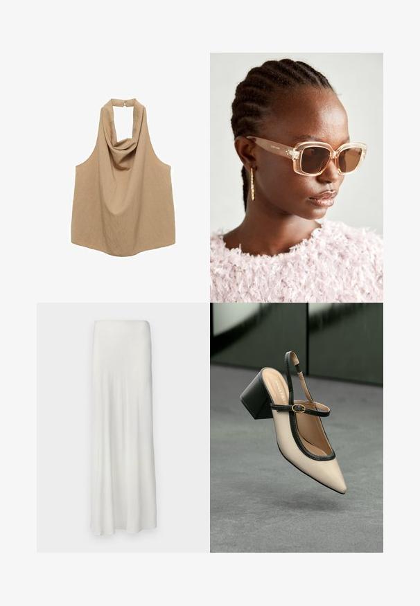 Bež bezsleevni halter top s padajočim ovratnikom in zavezovanjem na hrbtu, izdelan iz lahkotne, teksturirane tkanine.; Dolga, bela krila z gladkim, tekočim materialom. Ima preprost elastičen pas in raven kroj, ki sega do gležnjev.; Bežna slingback čevlja z uskim sprednjim delom, črnimi detajli, zlatim zaponko in debelim blokovskim peto na sivi tleh s temno zeleno ozadje.; Bežna oversized sončna očala s prozornim okvirjem in rjavimi lečami, ki imajo subtilne cvetlične poudarke in drzen, geometrijski dizajn.