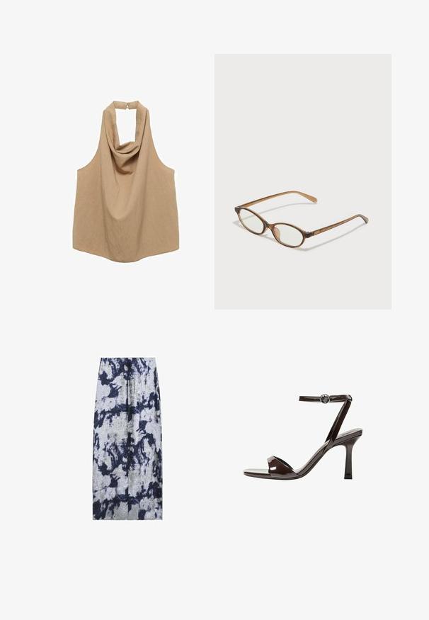 Beige ärmelloser Haltertop mit einem drapierten Ausschnitt und einer Rückenknoten-Verschluss, aus einem leichten, strukturierten Stoff.; Silberner Rock mit einem Batikmuster in Dunkelblau und Schwarz. Verfügt über einen geraden Schnitt und einen Schlitz vorne für zusätzliche Details.; Braune Lackleder-High-Heelsandale mit einem Knöchelriemen, offener Zehenpartie und einem schlanken, minimalistischen Design. Verfügt über einen quadratischen Absatz.; Braune Schildpatt-Brille mit ovalen Gläsern, dünnen Bügeln und transparenten Akzenten. Verfügt über ein dezentes Logo am Bügel. Elegantes, leichtes Design.