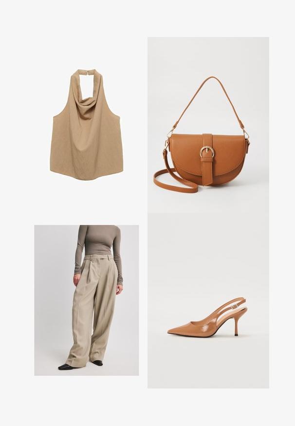 Beige ærmeløs halterneck-top med draperet halsudskæring og bagbånd, lavet af et letvægtigt, tekstureret stof.; NA-KD Bukser - beige; Spids tå slingback hæl i et glat, blankt tan materiale. Har et buet udskæring design og en slank stiletto hæl. Sølv spænde detalje.; Brun læder crossbody taske med en buet form, guldfarvet hardware og en spændeaccent. Har en aftagelig skulderrem.
