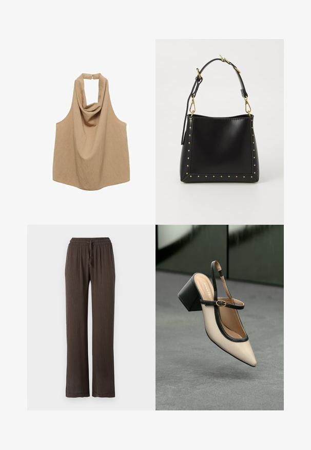 Top senza maniche color beige con scollo drappeggiato e chiusura sul retro con legatura, realizzato in un tessuto leggero e strutturato.; Pantaloni larghi marroni con vita elasticizzata e cordoncino. Tessuto texturizzato con motivo a righe verticali. Gambe dritte.; Scarpa beige con punta a stivale, con rifiniture nere, fibbia dorata e tacco a blocco spesso su un pavimento grigio con sfondo verde scuro.; Borsa a mano in pelle nera con forma strutturata, caratterizzata da borchie dorate lungo i bordi e una tracolla staccabile con dettagli in metallo dorato.