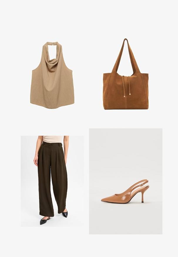 Beige mouwloze haltertop met een gedrapeerde halslijn en een striksluiting op de rug, gemaakt van een lichtgewicht, gestructureerde stof.; MSCH Copenhagen Broek - tanne; Puntige slingback hak in een glad, glanzend beige materiaal. Bevat een gebogen uitsnijdontwerp en een slanke stiletto hak. Zilveren gesp detail.; Bruine suede schoudertas met een brede opening, verlengde hengsels en een trekkoordsluiting met metalen accenten. Glad oppervlak met minimale naden.