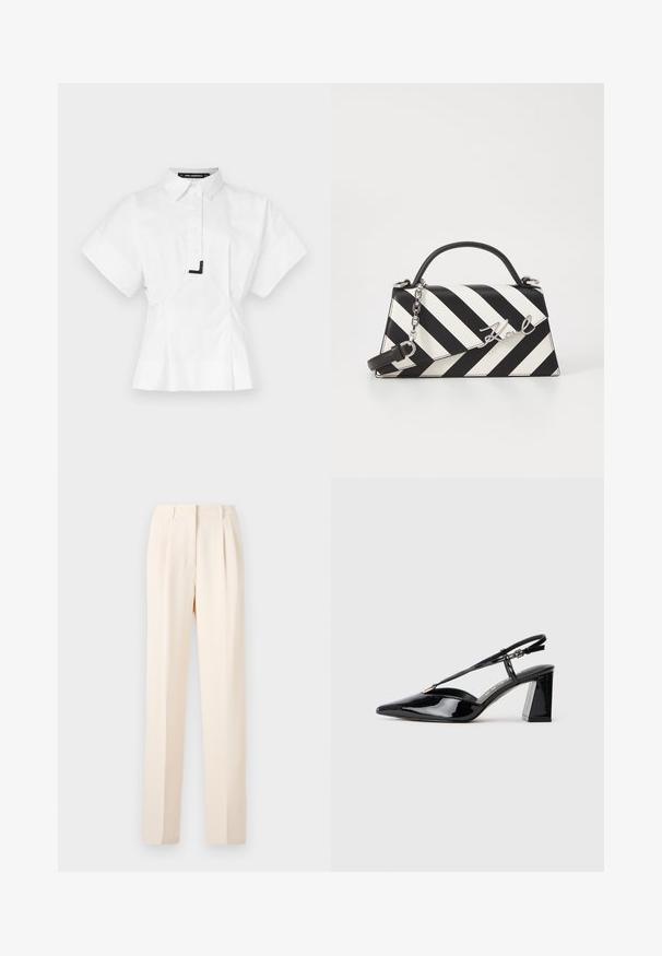 Valkoinen lyhythihainen paita, jossa on kauluskoteloinen kaulus. Etupainike suljin ja musta yksityiskohta kauluksessa. Hienostunut istuvuus.; Beige suorat housut, joissa on laskokset, suora leikkaus ja sileä tekstuuri. Vyötärö on siisti ilman näkyvää metalliosaa.; Musta patenttiliimainen slingback-korkokenkä, jossa on terävä kärki, säädettävä hihna ja paksu suorakulmainen korko.; Mustikkamustavalkoinen raita käsilaukku, jossa on jämäkkä muoto, ylhäällä oleva kahva, irrotettava ketjuhihna ja metallinen logoelementti.