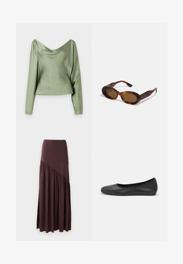 Zelený saténový top s dlouhým rukávem, s draped cowl výstřihem, hladkým povrchem a zkráceným lemem, který prezentuje štíhlý a elegantní design.; Hnědá maxi sukně vyrobená z měkké látky. Má přiléhavý pás a asymetrický design se shromážděním na jedné straně.; Černé kožené baletní byty s kulatou špičkou, hladkou texturou, minimálními švy a flexibilním designem podrážky.; Kočičí sluneční brýle s oválnými skly, hnědým tónem a zlatými akcenty na ramenech. Silné rámy s lesklým povrchem a hladkou texturou.; Bezešvá saténová taška s uzlem nahoře, s jemnou, hladkou texturou a zakulaceným tvarem, navržena tak, aby byla jednoduchá a elegantní.; Rabanne XL LINK DOUBLE HOOP EARRING - Náušnice - silver-coloured