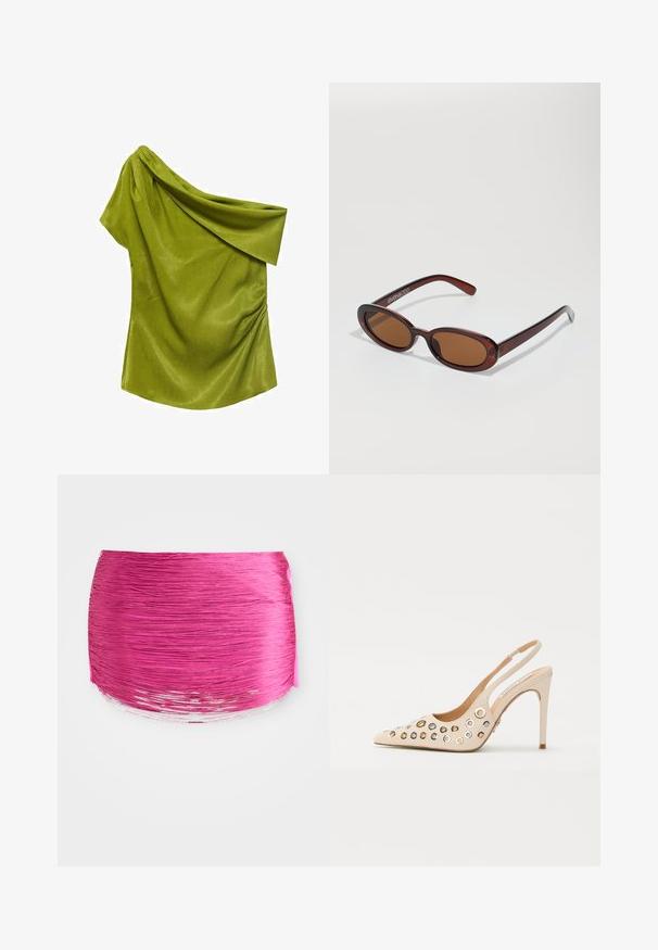 Grøn top med én skulder lavet af glat stof med en draperet design. Har subtil tekstur og samlinger på siden.; Lyserød plisseret stof med horisontale linjer, rund form og kontrastfyldt glansfuld kant. Tekstureret med livlig farve og glat finish.; Beige, patentlæder slingback hæl med spids tå. Har flere cirkulære øjer i guld- og sølvnuancer. Stiletto hældesign.; Runde, bruntonede solbriller med en glansfuld bordeauxramme. Slanke arme med diskret brandingdetalje. Flad linsedesign.