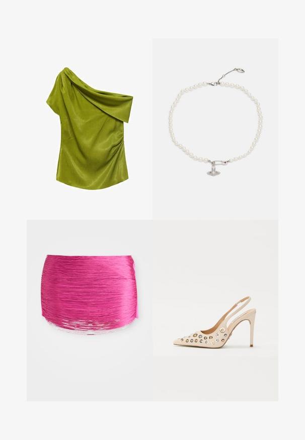 Top verde a spalla unica realizzato in tessuto liscio con un design drappeggiato. Presenta una sottile texture e arricciature sul lato.; Tessuto plissettato rosa con linee orizzontali, forma arrotondata e bordo lucido a contrasto. Testurizzato con colori vivaci e finitura liscia.; Sandal con tacco a punta in pelle verniciata beige. Presenta diversi occhielli circolari in tonalità oro e argento. Design con tacco a stiletto.; Collana di perle con perline bianche lucide, caratterizzata da un ciondolo a forma di spilla di sicurezza in tono argento decorato con strass trasparenti. Chiusura a gancio a polpo.
