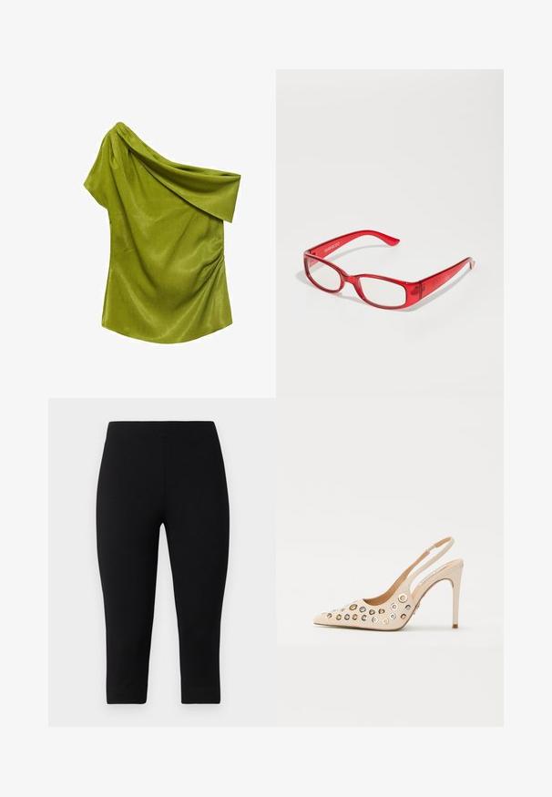 Top verde, cu o singură umăr, fabricat dintr-un material neted cu un design fluid. Prezintă o textură subtilă și plisuri pe lateral.; Colanți capri negri, realizați dintr-un material elastic, cu o croială strânsă și textură netedă, fără modele sau accente vizibile.; Pantofi cu toc slingback din piele sintetică bej, cu vârful ascuțit. Prezintă grommeturi circulare multiple în tonuri de aur și argint. Design cu toc stiletto.; Ochelari de soare din plastic roșu cu ramă rectangulară, lentile transparente și brațe subțiri. Logo-ul mărcii "even&odd" este embosat pe templu.