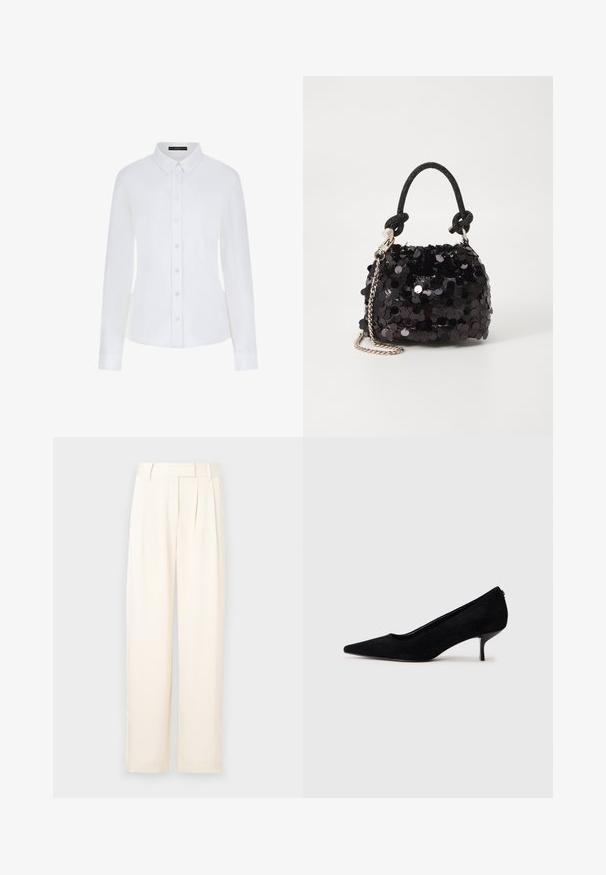 Hvid langærmet skjorte med krave, knaplukning foran og manchetter. Fremstillet af glat stof med en tætsiddende pasform og uden synlige mønstre.; Lys beige brede benbukser med en glat tekstur, der har forskydninger foran og en flad talje. Ingen synlige lukninger eller lommer.; Sort ruskind højhælet sko med spids tå og en slank, lav hæl. Glat tekstur med et strømlinet design, uden synlig hardware.; Sort pailette mini håndtaske med en knyttet struktureret rem og sølv kæde. Rund form med samlet top og reflekterende detaljer.