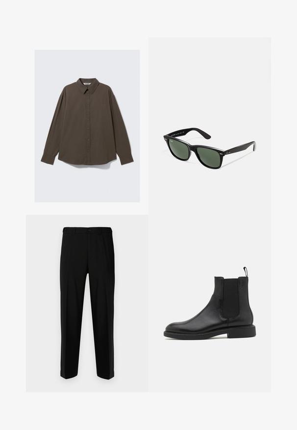 Brązowa koszula w kratę z długim rękawem, z kołnierzykiem zapinanym na guziki, o luźnym kroju i delikatnie zaokrąglonym dole. Materiał jest teksturowany.; Czarne spodnie wykonane z gładkiego materiału, o prostym kroju, z dwoma przednimi kieszeniami oraz zapięciem na zamek błyskawiczny i guzik.; Czarny skórzany botek za kostkę o gładkiej fakturze, z elastycznymi bocznymi panelami i pętelką do zakupu. Okrągły nosek i płaska gumowa podeszwa z minimalnym bieżnikiem.; Czarne plastikowe okulary przeciwsłoneczne z zielonymi szkłami, kwadratowe oprawki, srebrny akcent na brwi oraz fakturowane ramiona temple. Nazwa marki podana na wewnętrznej stronie ramion.