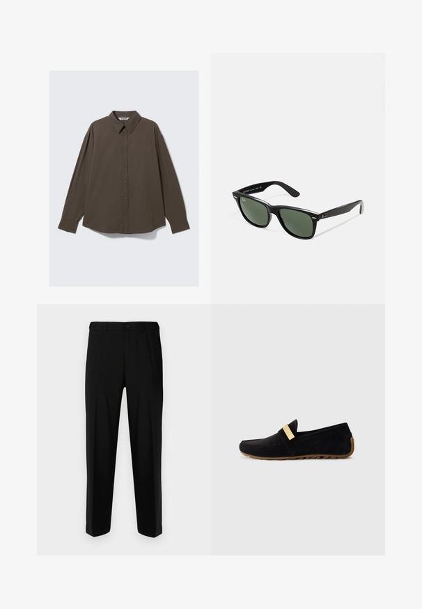 Braunes kariertes Langarmhemd mit Button-Down-Kragen, mit lockerer Passform und leicht abgerundetem Saum. Der Stoff ist texturiert.; Schwarze Hosen aus glattem Stoff, mit geradem Schnitt, zwei vorderen Taschen und einem Reißverschluss mit Knopfverschluss.; Schwarze Wildleder-Loafer mit einem goldfarbenen Band über dem Rist, flache Gummisohle mit strukturiertem Grip und rundem Zehendesign.; Schwarze Plastiksonnenbrille mit grünen Gläsern, quadratischen Rahmen, silbernem Akzent auf der Augenbraue und strukturierten Bügeln. Angegebene Marke auf dem inneren Bügel.
