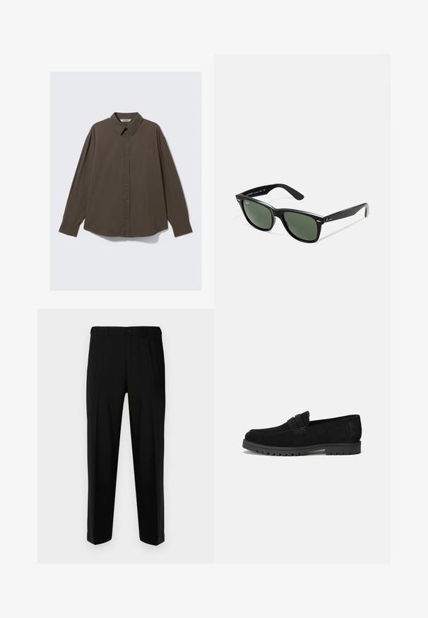 Hnědá kostkovaná košile s dlouhým rukávem a límcem na knoflíky, s uvolněným střihem a mírně zakřiveným lemováním. Materiál je texturovaný.; Černé kalhoty vyrobené z hladké tkaniny, s rovnými nohavicemi, dvěma předními kapsami a zapínáním na zip s knoflíkem.; Černé semišové mokasíny s kulatou špičkou a šitým detailem přes přední část. Gumová podrážka se viditelným vzorkem pro lepší trakci.; Černé plastové sluneční brýle se zelenými skly, čtvercové obroučky, stříbrný detail na obočí a texturované stranice. Značka uvedená na vnitřní straně stranic.