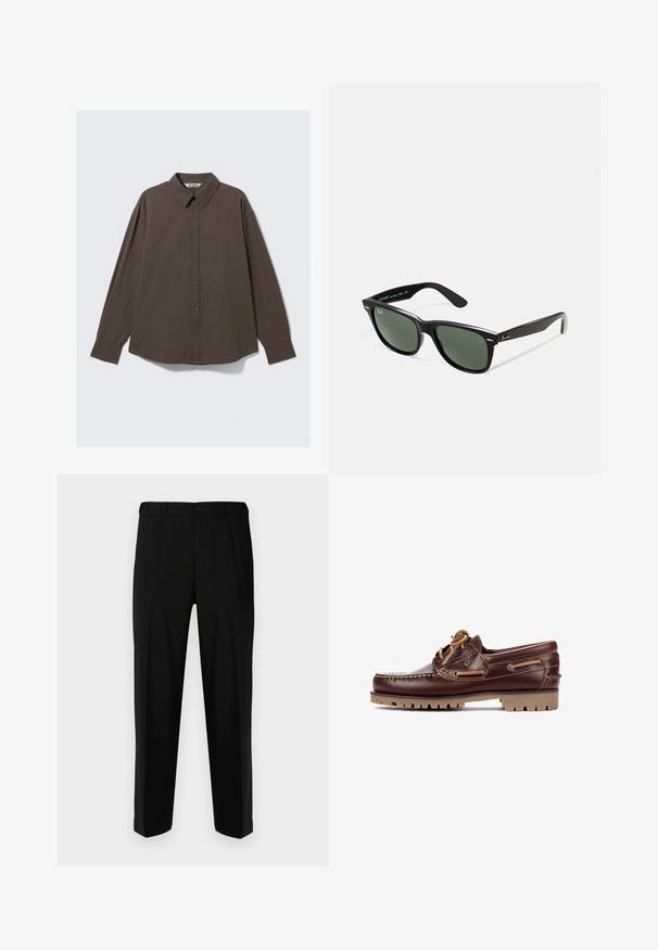 Braunes kariertes Langarmhemd mit Button-Down-Kragen, mit lockerer Passform und leicht abgerundetem Saum. Der Stoff ist texturiert.; Schwarze Hosen aus glattem Stoff, mit geradem Schnitt, zwei vorderen Taschen und einem Reißverschluss mit Knopfverschluss.; Braune Lederbootsschuhe mit tanfarbenen Akzenten, schnürendes Design und robustem Gummisohle mit ausgeprägten Profilen. Verfügt über eine Steppnaht entlang der Oberseite.; Schwarze Plastiksonnenbrille mit grünen Gläsern, quadratischen Rahmen, silbernem Akzent auf der Augenbraue und strukturierten Bügeln. Angegebene Marke auf dem inneren Bügel.