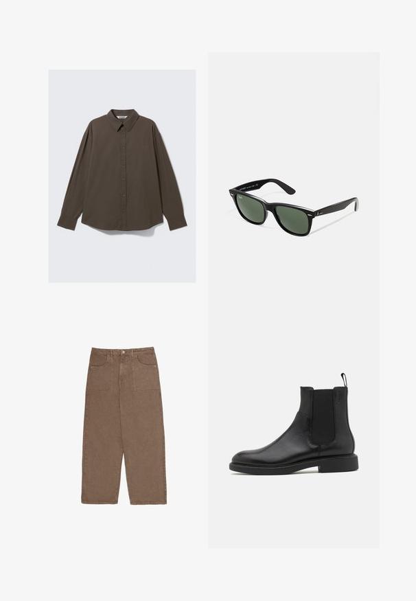 Cămașă cu mâneci lungi în carouri maro, cu guler îndoios, având o croială relaxată și un tiv ușor curbat. Țesătura este texturată.; Pantaloni largi brown din bumbac, cu două buzunare frontale și închidere cu buton. Țesătura are o textură moale și un finisaj mat.; Botine negre din piele cu textură netedă, cu panouri elastice laterale și un tab pentru a fi tras. Vârf rotund și talpă plată din cauciuc cu uzură minimă.; Ochelari de soare din plastic negru cu lentile verzi, rame pătrate, accent argintiu pe sprânceană și brațe texturate. Marca este menționată pe brațul interior.
