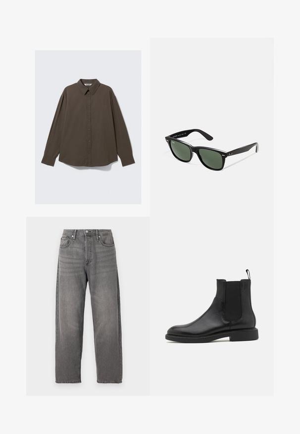 Chemise à manches longues à carreaux bruns avec un col boutonné, présentant une coupe décontractée et un ourlet légèrement arrondi. Le tissu est texturé.; Jean en denim gris à coupe décontractée, jambes droites, design à cinq poches et fermeture à bouton en métal. Présente une texture délavée et une couture subtile.; Botte de cheville en cuir noir avec une texture lisse, des panneaux latéraux élastiques et une languette. Bout rond et semelle en caoutchouc plate avec un minimal de relief.; Lunettes de soleil en plastique noir avec verres verts, monture carrée, accent argenté sur le sourcil et branches texturées. Marque indiquée sur l'intérieur de la branche.