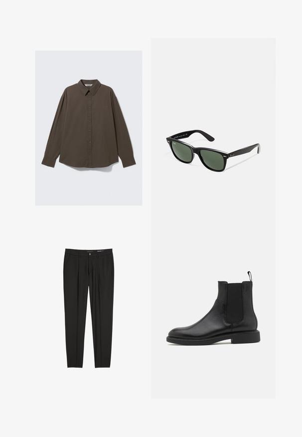 Bruine geruite overhemd met lange mouwen en een button-down kraag, met een relaxte pasvorm en een iets gebogen zoom. De stof is gem textuurd.; Zwarte op maat gemaakte broek met een gladde stoftextuur, voorzien van riemlussen, zijzakken en een ritssluiting aan de voorkant. Slim fit ontwerp.; Zwarte leren enkelboot met een gladde textuur, elastische zijpanelen en een trekhaak. Ronde neus en platte rubberen zool met minimale profiel.; Zwarte plastic zonnebril met groene lenzen, vierkante montuur, zilveren accent op de wenkbrauw en een gestructureerde tempel. Merken vermeld op de binnenkant van de arm.