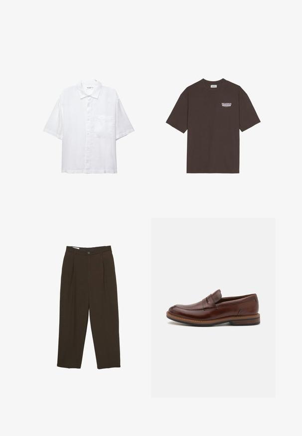 Vit kortärmad skjorta med knappslå framtill, krage och en bröstficka. Tillverkad av lätt tyg med en slät textur.; Brun bomull t-shirt med avslappnad passform, kort ärm och en liten "LÄCKRA FÄRSKA FRUKTER" grafik i vitt och lila.; Mörkbruna skräddarsydda byxor med veck fram, bälteshällor och knäppning i midjan.; Bruna läder loafers med en slät yta, med broderad design, en slip-on stil och en texturerad gummisula för bra grepp.