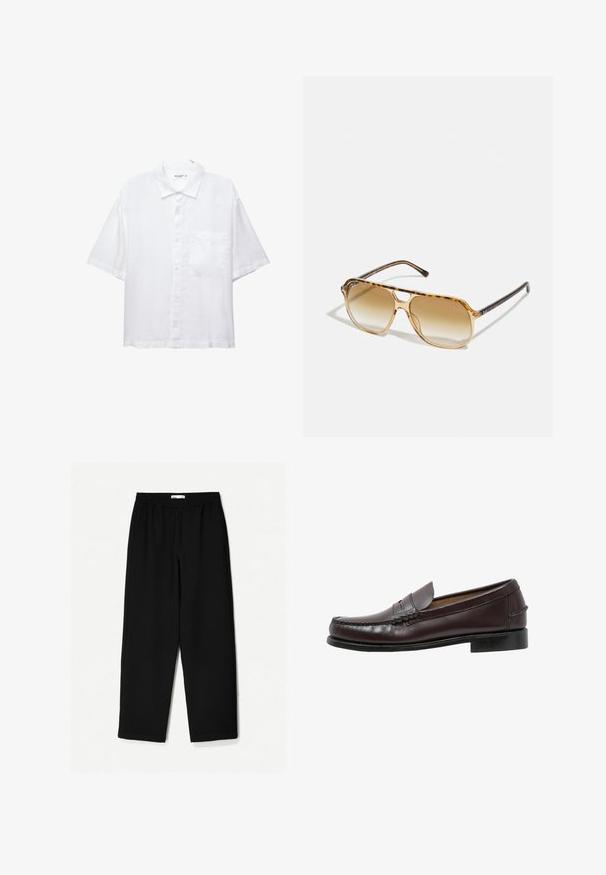 Bela kratkosleeve srajca z gumbnim zapiranjem spredaj, ovratnikom in enim žepom na prsih. Narejena je iz lahkega materiala z gladko teksturo.; Črne široke hlače iz lahkotnega materiala. Imajo elastičen pas in gladko teksturo. Brez vidnih vzorcev ali dodatkov.; Sebago CLASSIC DAN - Elegantni čevlji brez vezalk - cordo; Želve očala s pravokotnim okvirjem, rjavimi gradientnimi lečami in elegantnimi črnimi ročaji, ki vsebujejo subtilne logotipne akcentke.