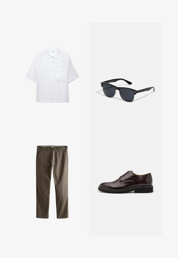 Camicia bianca a maniche corte con chiusura a bottoni, colletto e una singola tasca sul petto. Realizzata in tessuto leggero con una texture liscia.; Chino in cotone marrone con design a gamba dritta, tasche frontali e chiusura con bottone. Presentano una consistenza liscia e linee pulite.; Scarpa Oxford in pelle marrone con finitura lucida, punta rotonda, design con lacci e suola in gomma nera spessa. Dettaglio di cucitura sulla parte superiore.; Occhiali da sole neri con forma rettangolare, lenti scure, dettagli in argento alle tempie e finitura opaca sulla montatura.