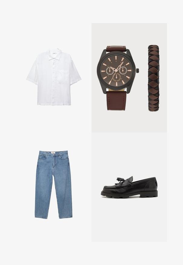 Biela košeľa s krátkymi rukávmi, s zapínaním na gombíky, golierom a jednou malou náprsní kapsou. Vyrobená z ľahkého materiálu s hladkou textúrou.; Svetlomodré džíny z denimu so strihom rovného nohavice, dizajnom s piatimi vreckami a viditeľnou značkovou etiketou na páse.; Čierne kožené mokasíny s dizajnom moccasin, zdobené frnčami a strapcami, s textúrovaným povrchom a robustnou gumovou podrážkou.; Pier One SET - Hodinky - black/brown