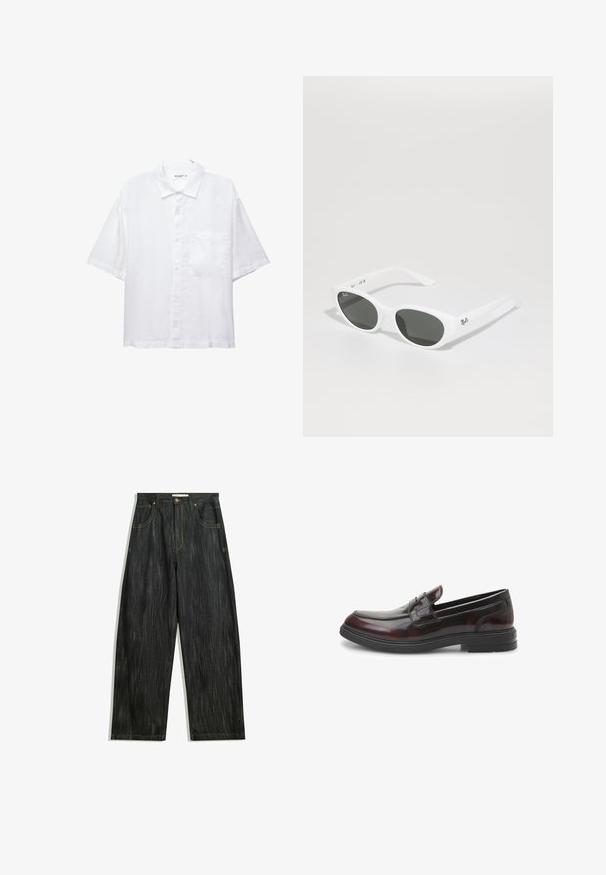 Camicia bianca a maniche corte con chiusura a bottoni, colletto e una singola tasca sul petto. Realizzata in tessuto leggero con una texture liscia.; Jeans in denim scuro con vestibilità ampia, caratterizzati da una sottile texture verticale, cuciture gialle, cinque tasche e una chiusura con bottone classica.; Mocassini in pelle nera e bordeaux con una finitura liscia e lucida. Presentano una punta cucita e una suola in gomma nera bassa. Design classico.; Occhiali da sole bianchi con montatura arrotondata e lenti scure. Presentano una superficie in plastica liscia e un piccolo logo sulla tempia.