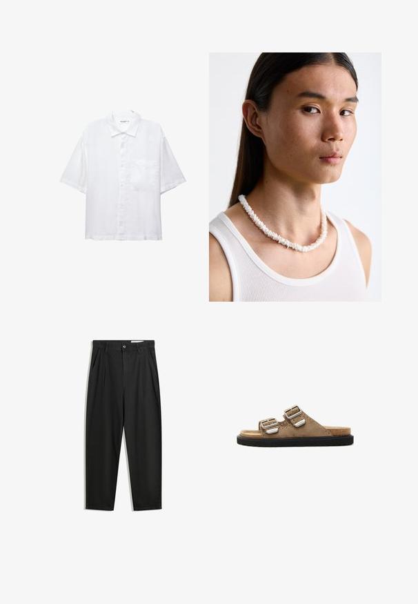 Fehér, rövid ujjú ing gombos elülső résszel, gallérral és egyetlen mellzsebbel. Könnyű anyagból készült, sima textúrával.; Fekete pamut nadrág laza szabással, klasszikus derékrésszel, elülső hajtásokkal és oldalsó zsebekkel. Simább textúra minta nélkül.; Barna velúr csúszó szandálok, két állítható ezüst csattal, fekete textúrájú talppal és perforált részletekkel a felső részen.; Fehér kagyló nyaklánc, amely szabálytalan formákból áll, egy testre simuló fehér ujjatlan felső felett viselve. Simára polírozott textúra, finom fényességgel, szoros illeszkedésű kialakítással.