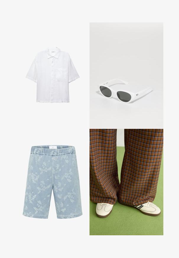 Bela kratkosleeve srajca z gumbnim zapiranjem spredaj, ovratnikom in enim žepom na prsih. Narejena je iz lahkega materiala z gladko teksturo.; Svetlo modri denim šortsi z diskretnim cvetličnim vzorcem, elastičnim pasom in ravnim krojem. Žepi niso vidni.; Rjave in modre kariraste hlače širokih nogavic, v kombinaciji z belimi čevlji, ki imajo črne poudarke in teksturirane podplate, na zeleni podlagi.; Bela sončna očala s okroglimi okvirji in temnimi lečami. Imajo gladko plastično teksturo in majhen logo na ročaju.