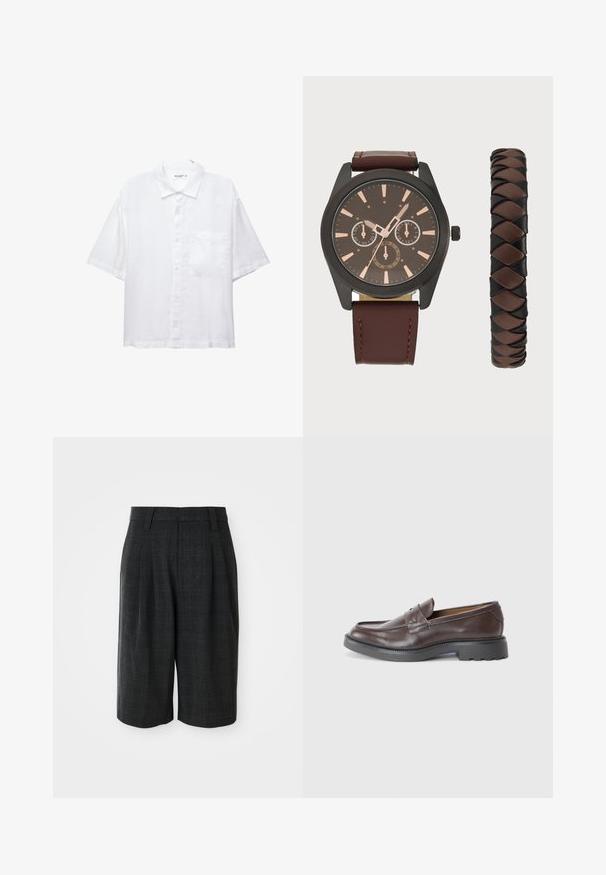 Cămașă albă cu mânecă scurtă, cu închidere butonată în față, guler și un singur buzunar pe piept. Confecționată dintr-un material ușor, cu o textură netedă.; Pantaloni scurți negri, până la genunchi, cu croi ajustat, având un model subtil în carouri și bucle pentru curea, pe un fundal alb simplu.; Mocasini din piele maro cu un finisaj neted, vârful rotund, cusături minime și o talpă groasă din cauciuc negru. Fără accesorii sau detalii vizibile.; Pier One SET - Ceas de mână - black/brown