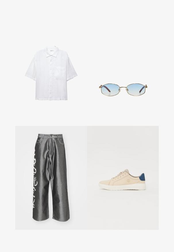 Weißes Kurzarmhemd mit Knopfleiste, Kragen und einer Brusttasche. Aus leichtem Stoff mit glatter Textur gefertigt.; Jaded London CURRENCY SHINY COLOSSUS - Loose Jeans - silver; Beige Sneaker aus Wildleder mit einer weißen Sohle, beigen Schnürsenkeln und einem blauen Akzent an der Ferse. Mit eingeprägtem Logo an der Seite.; Eingefasste ovale Sonnenbrillen mit hellblauen, verlaufenden Linsen, goldfarbenem Metallrahmen und braunen Acetat-Bügeln. Besitzt kleine Details an den Seiten des Rahmens.