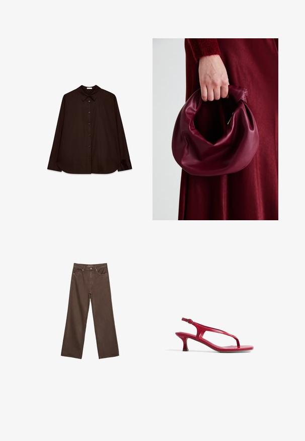 Ruskea nappipaitinen paita, jossa on klassinen kaulus, pitkät hihat ja suora leikkaus. Pehmeä materiaali ja minimalistinen muotoilu ilman kuvioita.; Leviittävät ruskeat farkut, jotka on valmistettu denimistä, korkea vyötärö, etutaskut ja klassinen nappikiinnitys. Silkkinen pinta hienovaraisella ompelutyöllä.; Punainen, lakattu nahkasandaali, jossa on ohut varpaankannatin ja säädettävä nilkkaremmi. Varustettu matalalla, kapealla kantapäällä ja tasapohjalla.; Burgundy-nahkakäsilaukku, jossa on pehmeä, ryppyinen muotoilu ja pyöreä muoto. Kahva on kiinnitetty tukevasti, ja siinä on sileä pinta.