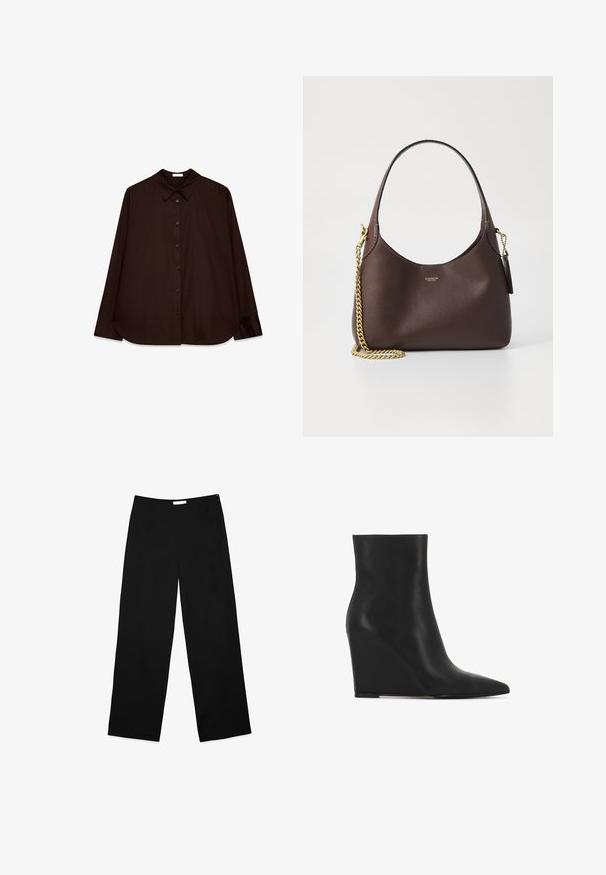 Ruda mygtukinė marškinėliai su klasikiniu apykaklės dizainu, ilgomis rankovėmis ir tiesiu kirpimu. Minkšta tekstūra ir minimalistinis dizainas be raštų.; Juoda medžiaga, plačios kojų kelnės, turinčios glotnią tekstūrą, švarų dizainą ir diskretinį šoninį užtrauktuką.; Juodai įkampę kulkšninių botų iš tekstūruotos odos; turi smailų pritūpimą ir glotiką, įstaigintą dizainą su kontūruotais siluetais.; COACH BROOKLYN SHOULDER BAG 23 - Rankinė - maple