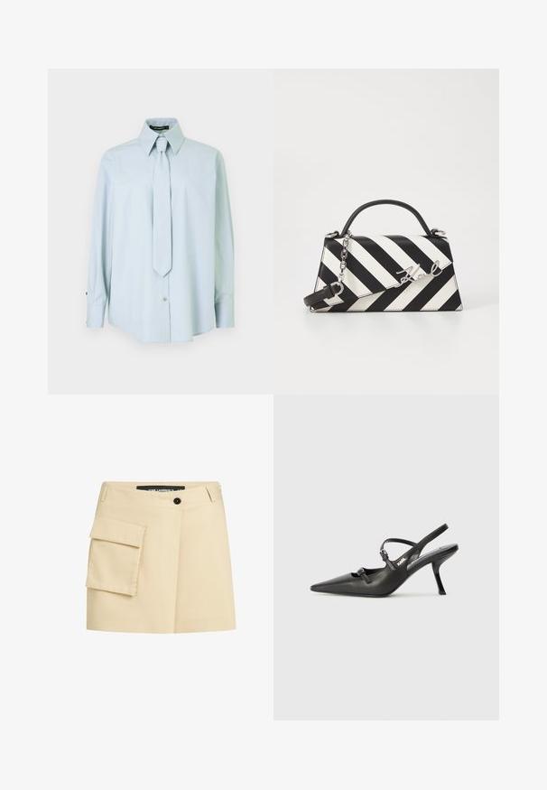 Gai zils garām piedurknēm krekls ar norādītu apkakli un saskaņotu kaklasaiti. Izgatavots no gludas auduma, ar pogu aizdari un aproču akcentiem.; Bežs svārks ar pieguļošu jostasvietu, priekšējo pogu aizdari un cargo kabatu kreisajā pusē. Gluda auduma ar piegriezumu dizainu.; Melnas ādas slingback papēži ar norādītu purngalu, izsmalcinātu papēdi un dekoratīvu sprādzi uz priekšpuses. Gluda tekstūra un elegants dizains.; Melnām un baltām svītrām rotāta rokassoma ar strukturētu formu, ar augšējo rokturi, noņemamu ķēdes siksnu un metāla logotipa akcentu.