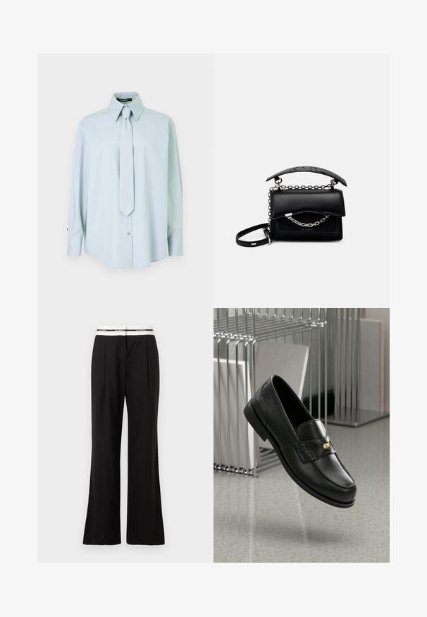 Hellblaues Langarmhemd mit spitzem Kragen und passender Krawatte. Aus glattem Stoff gefertigt, mit Knopfverschluss und Akzenten an den Manschetten.; Schwarze Hosen mit lockerem Schnitt, ausgestattet mit einem weißen elastischen Bund mit Branding. Hergestellt aus glattem Stoff mit leichtem Glanz.; Schwarze Lederloafers mit glatter Oberfläche, ausgestattet mit einem dekorativen Band und kleinen goldenen Akzenten. Die Sohle ist flach und hat eine abgerundete Zehenpartie.; Schwarze Lederhandtasche mit strukturiertem Design, Ketten- und Henkelakzenten sowie einer strukturierten Oberfläche. Verfügt über einen Klappverschluss mit sichtbarem Branding.