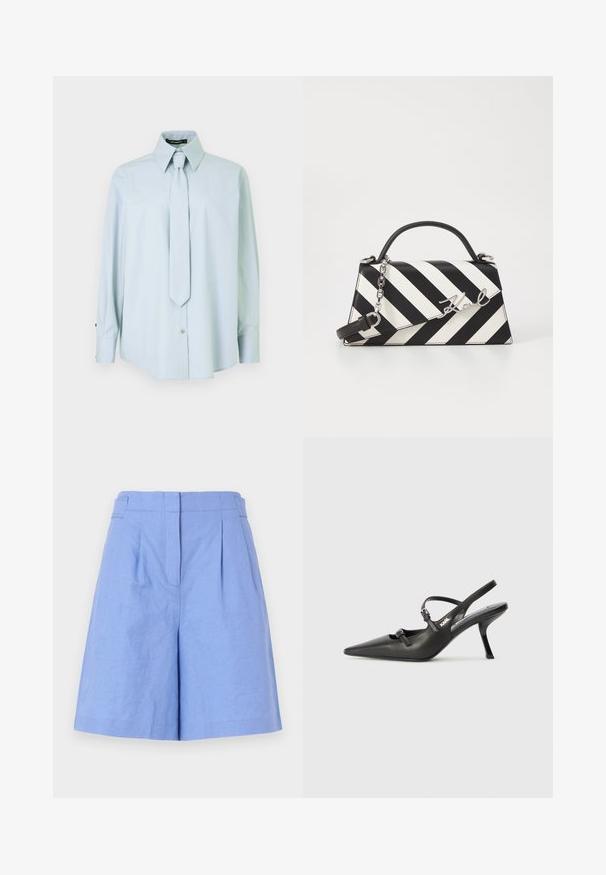 Svijetloplava košulja dugih rukava s oštrim ovratnikom i usklađenom kravatom. Izrađena od glatkog materijala, s kopčanjem na gumb i ukrasima na manžetama.; Svetlo modri laneni kratki hlače z visokim pasom, z gubami, stranskimi žepi in gladko teksturo, zasnovane za sproščen fit.; Črne usnjene sandale na peto s koničastim nosom, vitko peto in okrasno zaponko na sprednjem delu. Gladka tekstura in eleganten dizajn.; Črna in bela črtasta torbica z obliko s strukturirano obliko, s top ročajem, odstranljivo verižico in kovinskim logotipom.