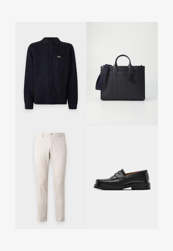 Marinblå tekstureret skjortejakke lavet af blødt stof, med krave, knaplukning foran, lange ærmer og en syet lomme med et logo.; Lyse beige bukser, lavet af et blødt stof, med en knaplukning, to frontfolder og et lige ben-design.; Sorte læder loafers har en forhøjet søm, to dekorative remme på overdelen og en tyk struktureret sål for bedre greb.; Mørkeblå læderaktet med dobbelte topgreb og en aftagelig rem. Har tekstureret overflade, lodret syning og logodetalje.