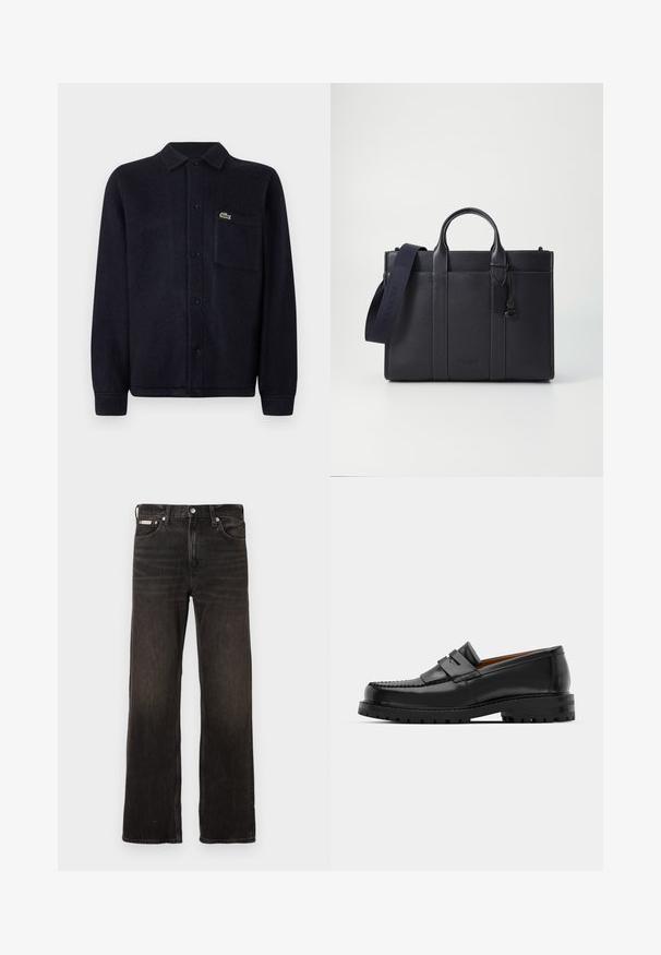 Chaqueta de camisa texturizada en color navy, hecha de tela suave, con cuello, cierre de botones, mangas largas y un bolsillo cosido con un logo.; Jeans de mezclilla negra con un diseño de pierna recta, acabado desteñido, estilo de cinco bolsillos y cierre de botón metálico. Presenta un ligero efecto de desgastado.; Los mocasines de cuero negro presentan una costura elevada, dos correas decorativas en la parte superior y una suela gruesa y texturizada para mayor agarre.; Maletín de cuero negro marino con dos asas superiores y una correa desmontable. Presenta un acabado texturizado, costura vertical y detalle del logo.