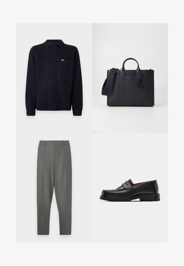 Marine textuur shirtjack gemaakt van zachte stof, met een kraag, knoopsluiting aan de voorkant, lange mouwen en een gestikte zak met een logo.; Grijze op maat gemaakte broeken van een zachte stof. Heeft een tailleband, riemlussen en een taps toelopend ontwerp. Soepele textuur, zonder patronen.; Zwarte leren instappers hebben een verhoogde naad, twee decoratieve banden op de bovenkant en een dikke, gestructureerde zool voor extra grip.; Donkerblauwe leren aktetas met dubbele bovenhandgrepen en een afneembare schouderband. Kenmerkt zich door een gestructureerde afwerking, verticale stiksels en een logo-detail.