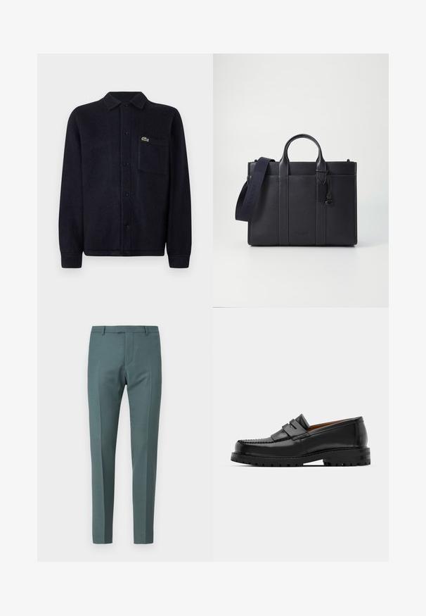 Navy textured shirt jacket made of soft fabric, featuring a collar, button front, long sleeves, and a stitched pocket with a logo.; Tailored trousers in a dark teal color, featuring a smooth texture, straight cut, flat front, and side pockets.; Black leather loafers feature a raised seam, two decorative straps on the upper, and a thick textured sole for added grip.; Dark navy leather briefcase with dual top handles and a detachable strap. Features textured finish, vertical stitching, and logo detail.