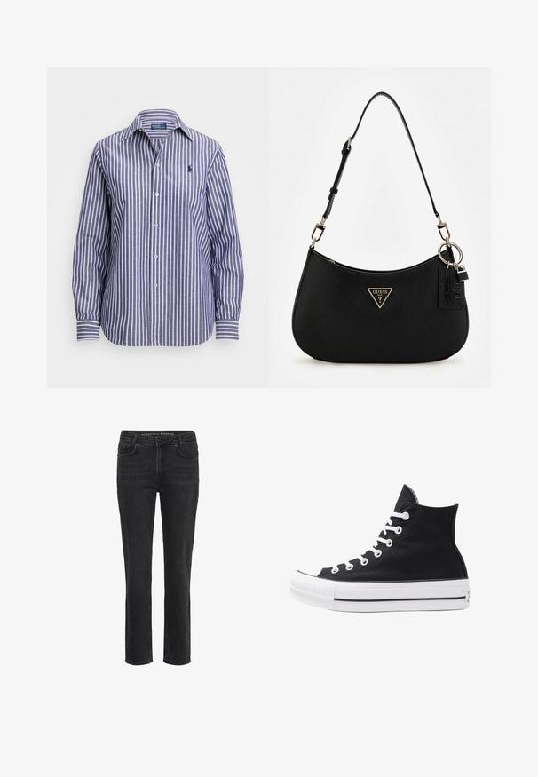 Lengvas audinys su mėlynomis ir baltomis vertikaliomis juostelėmis, klasikinio stiliaus kepuraitė, ilgos rankovės su užsegamais manžetais.; Juoda tiesi kojų džinsai su priekinių mygtukų, diržo kilpų ir priekinių bei galinių kišenių detalėmis, rodomi prieš baltą foną.; Juodos aukštos kanvas sportbačiai su baltais akių angomis, raišteliais ir guma padais. Yra tekstūruotas pirštų gaubtas ir juodai baltos juostos akcentai.; Juodas sintetinės medžiagos petinės rankinės su lenkta siluetu, tekstūruota apdaila, auksiniu trikampiu logotipu ir nuimamais aksesuarais.