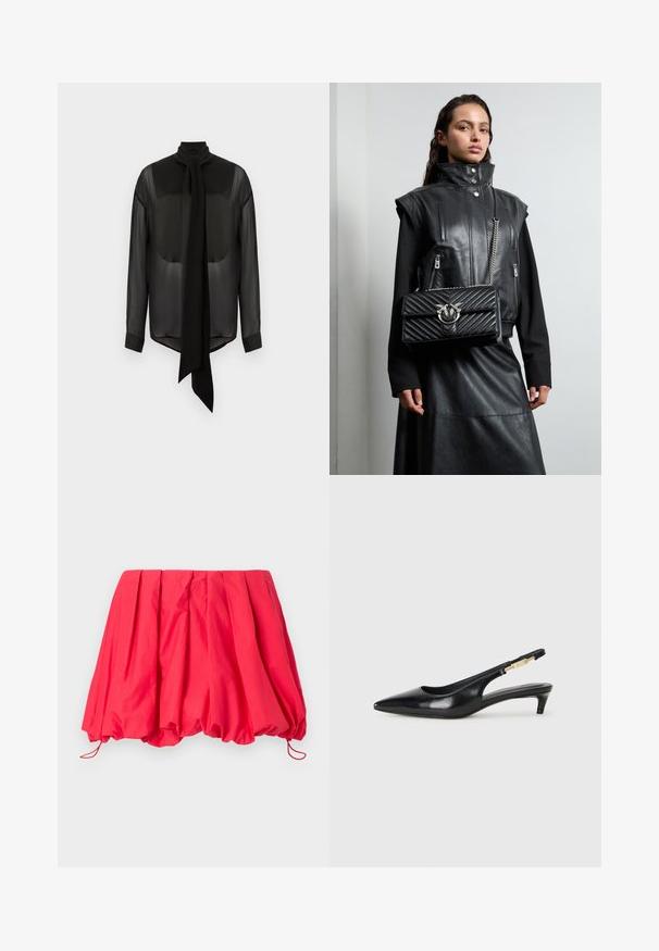 Zwarte chiffon blouse met lange strik, hoge kraag en lange mouwen. Transparante textuur met solide zwarte manchetten en afgeronde zoom.; Rode, geplooide minirok van lichtgewicht stof; met een elastische onderkant en trekkoorden voor een verstelbare pasvorm. Glad oppervlak.; Zwarte leren slingback hakken met een spitse neus, voorzien van een slanke hak en een goudkleurige accent op de verstelbare band. Gladde textuur.; Zwarte leren gilet met hoge kraag, ritszakken en een zwarte gewatteerde handtas met een zilveren hardware accent, gedragen met een lange zwarte rok.