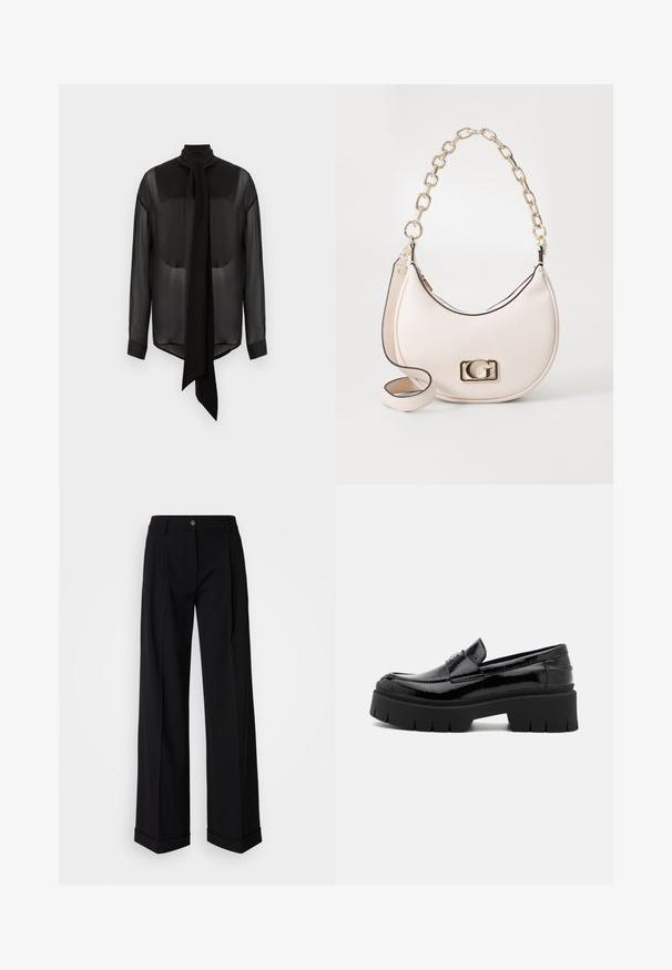 Blouse en chiffon noir avec un long nœud, un col montant et des manches longues. Texture transparente avec des poignets noirs unis et un ourlet arrondi.; Pantalons larges noirs en tissu lisse, avec une fermeture à bouton sur le devant et deux plis avant. L'ourlet est retroussé. Design minimaliste.; Mocassins en cuir verni noir avec une semelle en caoutchouc épaisse, arborant un dessus lisse et un accent de sangle décorative. Talon plat et bout rond.; Sac à main en cuir texturé rose avec une bandoulière en chaîne dorée, de forme arrondie et un accent logo doré à l'avant. Il comprend une bandoulière supplémentaire.