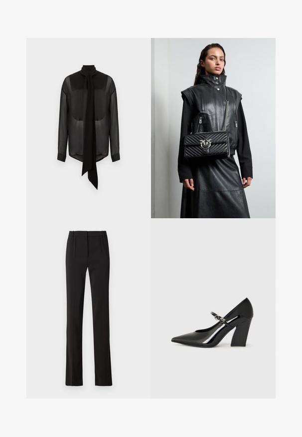 Melna šifona blūze ar garu saiti, augstu apkakli un garām piedurknēm. Caurredzama tekstūra ar cietām melnām aprocēm un noapaļotu apakšmalu.; Melnas piegriezuma bikses ar taisnu kāju dizainu, divām priekšējām izliekumiem un gludu auduma tekstūru. Redzamu kabatu vai metāla elementu nav.; Melna laku ādas augstais papēdis ar smailu purngalu, masīvu papēdi un siksniņu ar metāla aksesuāriem.; Melnas ādas veste ar augstu apkakli, ar rāvējslēdzēja kabatām un melnu, kubelētu rokassomu ar sudraba detaļām, valkāta ar garu melnu svārku.